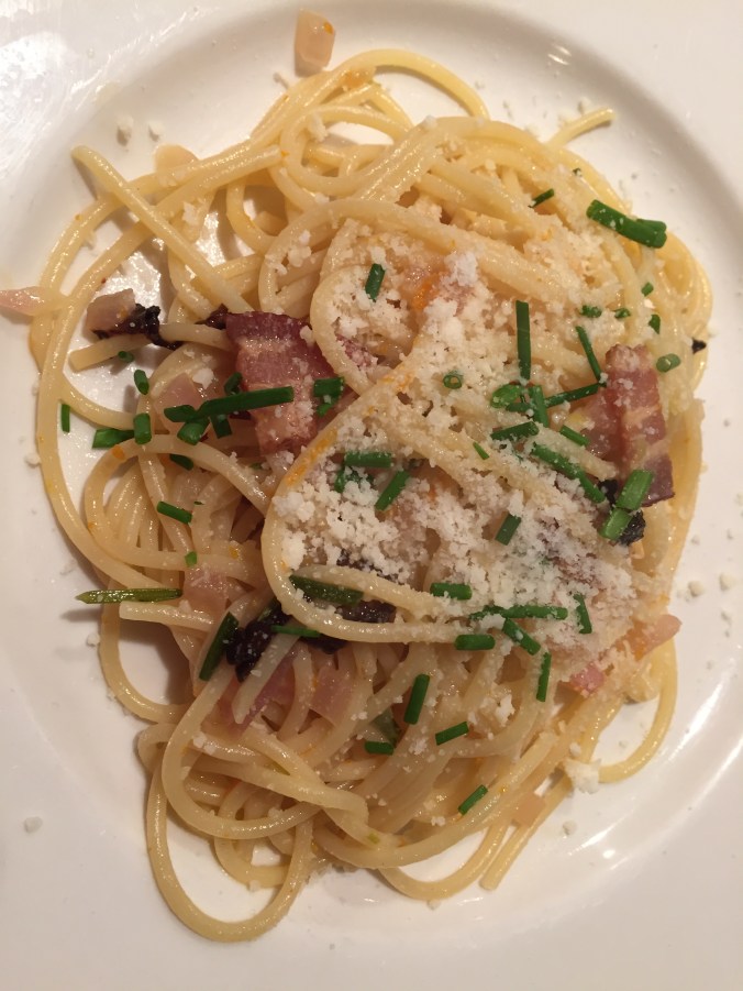 Spaghetti with bacon, orange zest and mushrooms